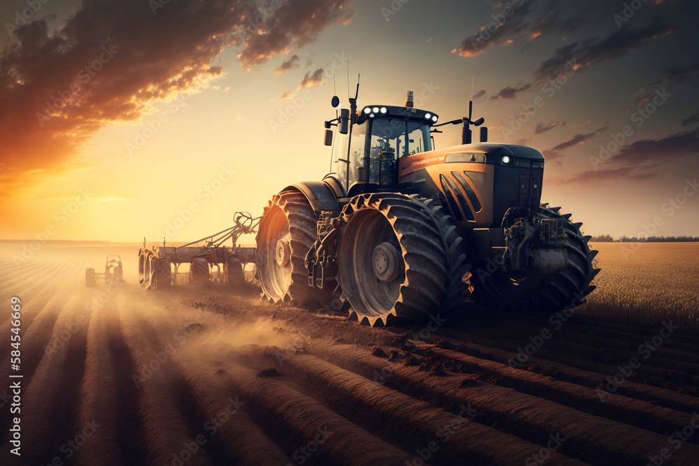 Fototapeta premium Tractor on the barley field, generative ai