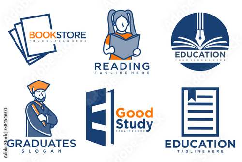 education and learn logo set.school book,graduate hat,pen,book store and student.Teaching symbols