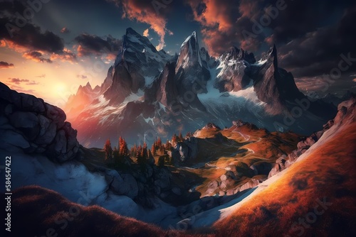 Awe inspiring alpine highlands in the sunshine. Image from a fairy tale Over the majestic Rock Mountains  a colorful sky in a sunlit landscape can be seen. in an an an an an an a Stunning Natural Sett
