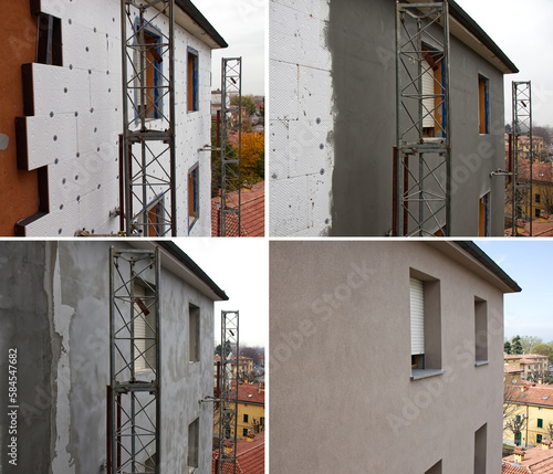 Energy efficiency building wall renovation for energy saving at different points of construction. Insulating panels of molded expanded polystyrene covered. Bologna, Italy.