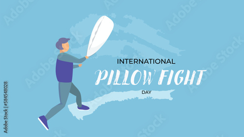 A boy with a pillow on a blue background. Unofficial Holiday Collection April.