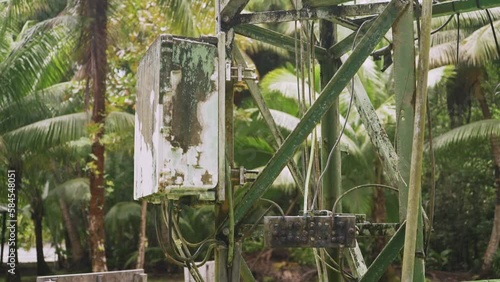 Jurassic park elecctric box. old and abandoned with green growings on. photo