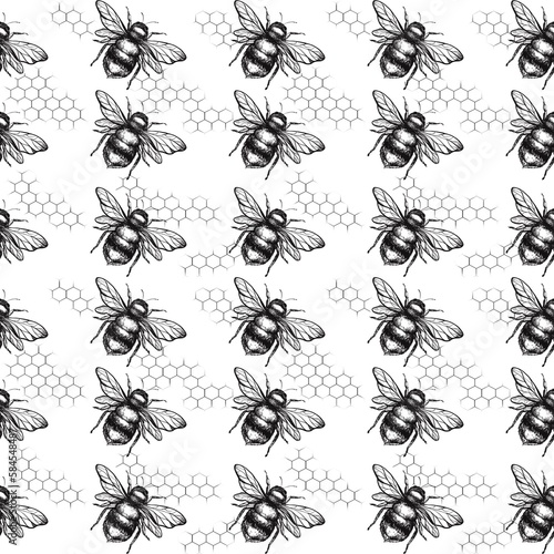 graphic illustration bee and camomile, hand draw art black line. Pattern for textile, postcard, background © Tatillu