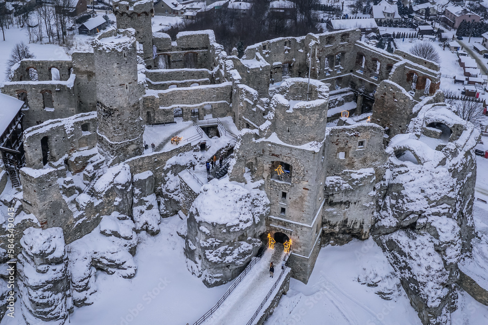 Drone photo of ruins of Ogrodzieniec Castle in Polish Jura region, Poland