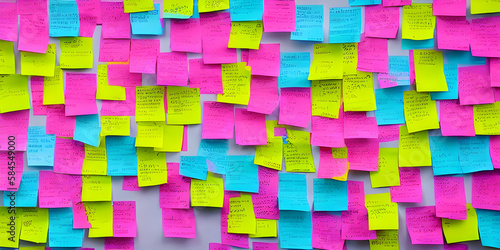 close up sticky post it notes on whiteboard think tank brainstorm design