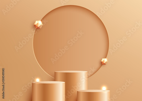Abstract modern luxury product display. 3D golden podium stand with empty gold circle backdrop