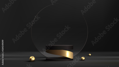 3D realistic modern luxury black cylinder podium stand and gold spiral with transparent glass circle backdrop decoration golden balls minimal wall scene on dark background