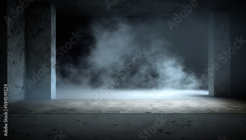 Room with concrete floor and blue smoke background