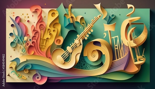 Music festival paper cut illustration. Colorful 3d realistic