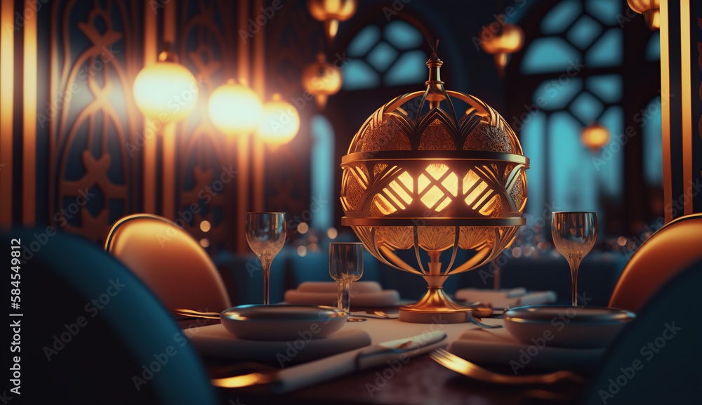 interior of restaurant with big lamps in golden light, generative ai