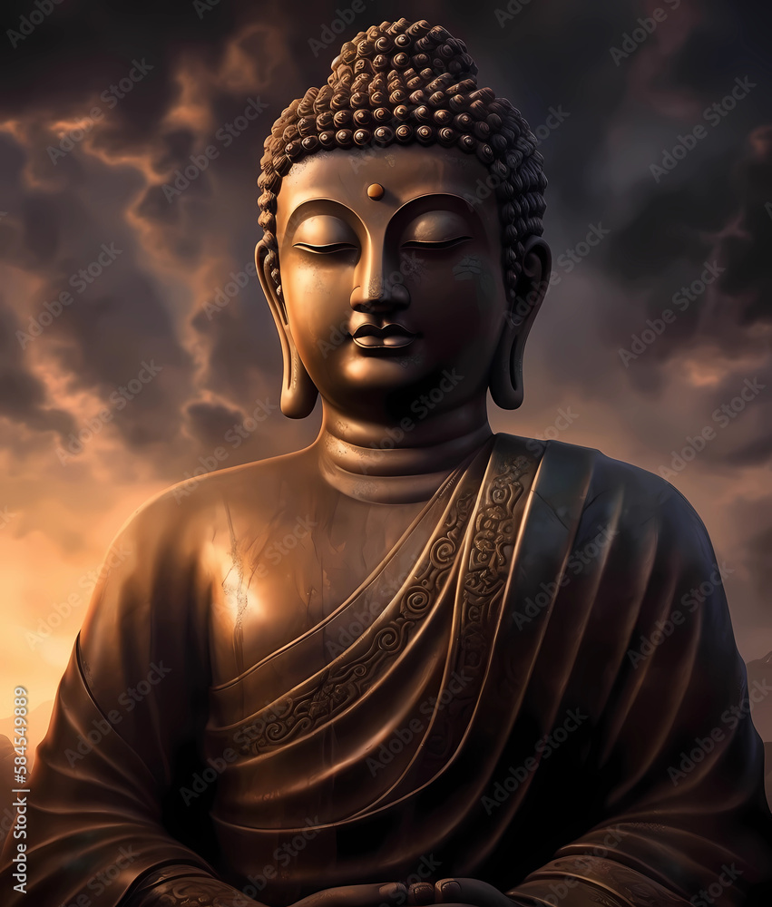 Statue of Buddha meditating in lotus yoga position, sky and clouds in background
