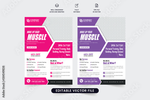 Gym business advertisement poster and flyer design with pink and purple colors. Bodybuilding and fitness service promotional web banner vector with discount section. Fitness club admission flyer.