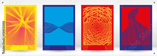 Geometrical Poster Design with Optical Illusion Effect.  Modern Psychedelic Cover Page Collection. Colourful Wave Lines Background. Fluid Stripes Art. Swiss Design. Vector Illustration for Brochure.