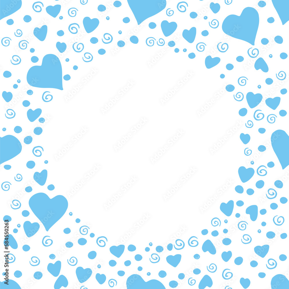 Vector frame, border from blue elements hearts points drops spirals. Simple romance background, decoration, symbol of love in flat doodle style Vector frame, border from blue elements hearts points drops spirals. Simple romance background, decoration, symbol of love in flat doodle style