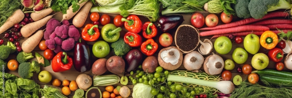 fresh vegetables and fruits on the market, top view, generative ai fresh vegetables and fruits on the market, top view, generative ai