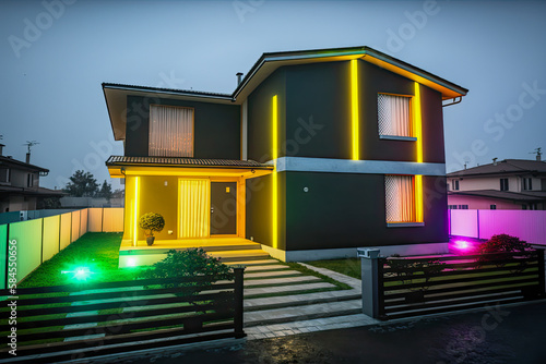 Exterior of a modern house with its garden, illuminated by led strips at night - Generative AI