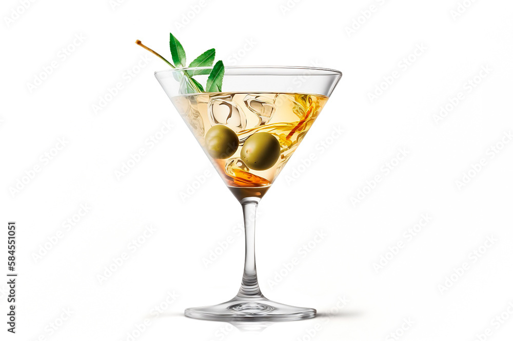 Transparent martini glass with green olives