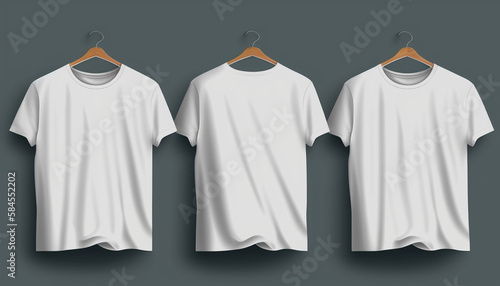 isolated three white t shirt with hanger mockup, front view, unisex t shirt on gray background