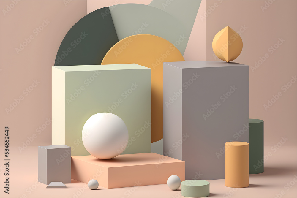 3d rendering of pastel minimal scene of white blank podium with earth tones theme. Muted saturated color. Simple geometric shapes design 3d rendering of pastel minimal scene of white blank podium with earth tones theme. Muted saturated color. Simple geometric shapes design