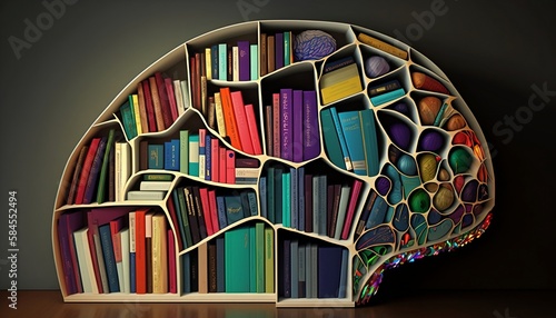 A brain-shaped bookshelf with each book representing a different perspective or worldview, highlighting the importance of diverse sources of information.