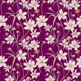 Seamless pattern with white flowers on purple background. Generative AI.