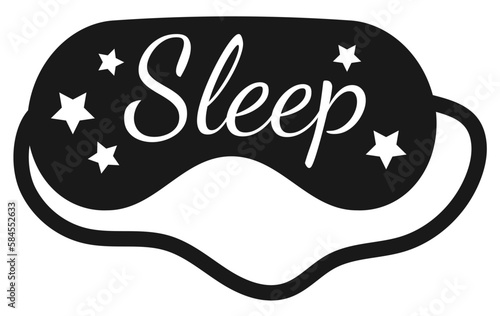 Sleep text on sleeping eye mask with stars vector icon. Night sleepy mode illustration. Black sign isolated on white background.