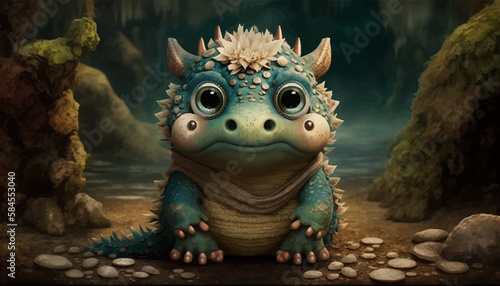 Little blue dragon with big eyes is sitting in a cave. Fantasy world. Cute cartoon character. Mythological monster. 3d vector illustration. Image. Digital painting © Zakhariya