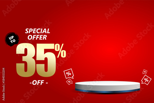 35 percent off sale isolated gold red sticker icon with podium. can used for business store.