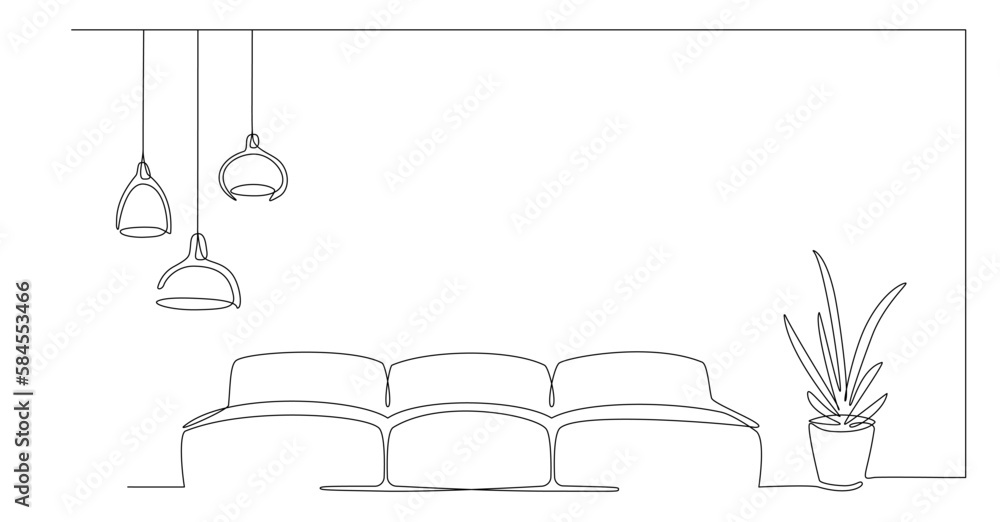 Continuous line drawing of sofa, lamp and plant with abstract color ...