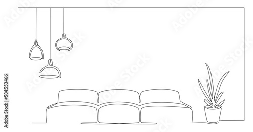 Continuous line drawing of sofa, lamp and plant with abstract color shapes. One line interior Living room with modern furniture. Single line element Hand draw contour of indoor Doodle illustration
