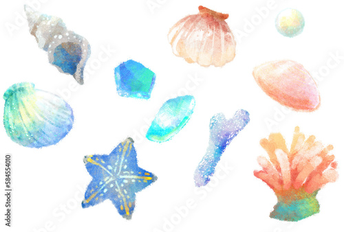 海のイラスト 貝殻 シーグラス ヒトデ photo