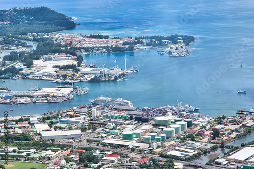 Copolia trail view of the international port and domestic port of Seychelles, cruise ship Silver shadow docked at the port © Nils