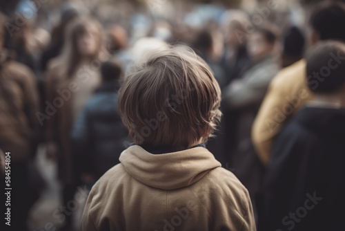 Rear view of lonely child in crowd of people outdoors, close-up. Child problems, loneliness, misunderstanding, loss concept. Generative AI