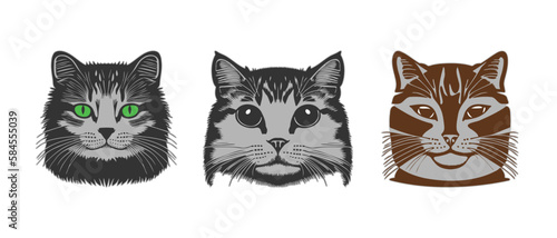 Vector set of stickers of cute beautiful heads of cats. Icons or badges. Mustachioed simple stencils of kittens. White isolated background.