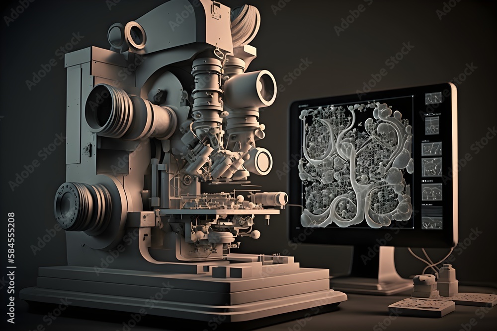 Electron microscope with display device commonly used by scientists and microbiologists. Created with generative AI technology Electron microscope with display device commonly used by scientists and microbiologists. Created with generative AI technology