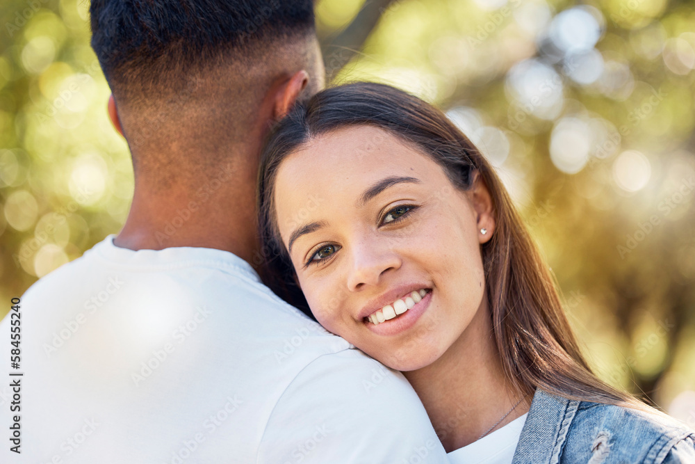 Love, hug and shoulder with couple in park for bonding, affectionate and free time. Happiness, date and smile with portrait of woman hugging man in nature for relax, summer and romance on vacation Love, hug and shoulder with couple in park for bonding, affectionate and free time. Happiness, date and smile with portrait of woman hugging man in nature for relax, summer and romance on vacation