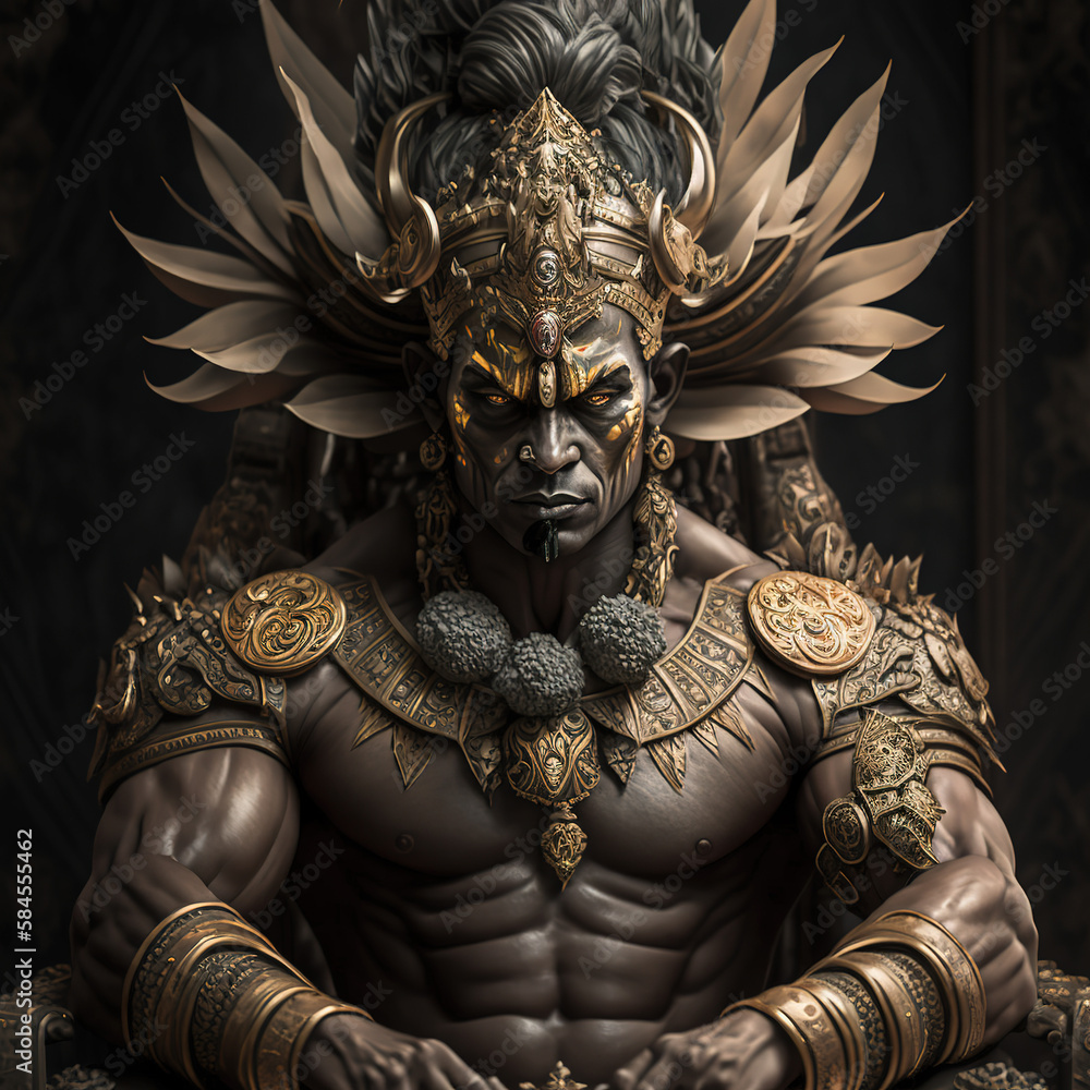 man, muscle, muscular, king, staring eyes,, portrait, full face, detailed ornaments, java, javanese, bali, balinese, indonesia, indonesian tribe, people, cultural, AI generative