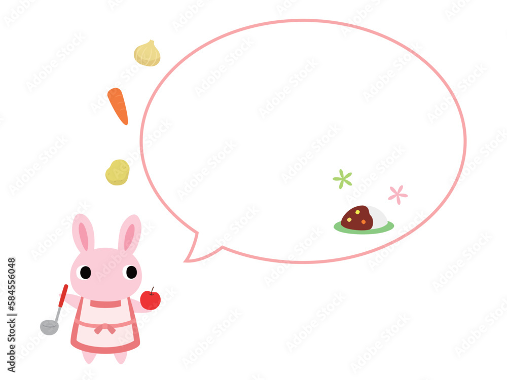 エプロン姿のウサギ 吹き出し+カレーの装飾付 エプロン姿のウサギ 吹き出し+カレーの装飾付