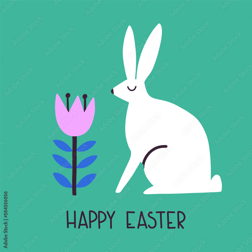 Fototapeta premium Easter postcard with lettering Happy Easter. Easter modern illustration with bunny and flowers. Perfect for greeting card, holiday covers, posters, banners, social media post.