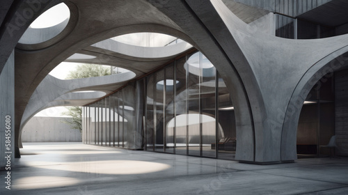 futuristic concrete architecture design with parametric intricate mesh structure and large concrete floor, Generative AI. © Montipa