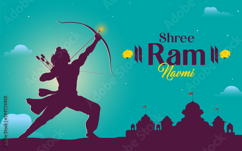 Photo Illustration of Lord Ram bow arrow and temple background for Indian festival Ram Navmi