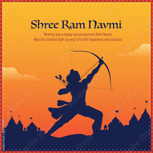 Illustration of Lord Ram bow arrow and temple background for Indian festival Ram Navmi. 