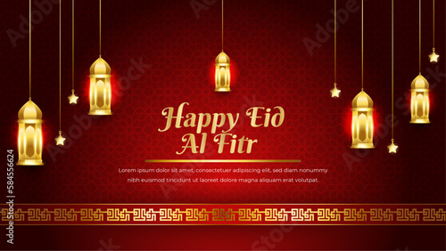 gold and red luxury happy eid al fitr islamic background with decorative ornament pattern and lantern Premium Vector