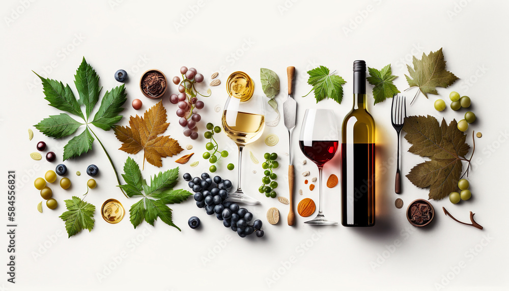 Wine Composition With Leaves, Grapes And Glasses On White Background - Generative AI