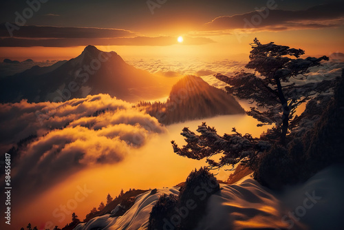 Beautiful Misty View From Mountain Top Above The Clouds Over Golden Hour - Generative AI