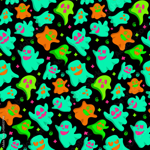 Happy halloween party seamless pattern background with cute ghost. Holidays cartoon character. Vector. Holiday backdrop for wrapping paper, fabric, textile, scrapbook. © Katsiaryna