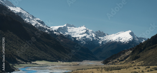 Landscape of mountains and river near Queenstown, New Zealand