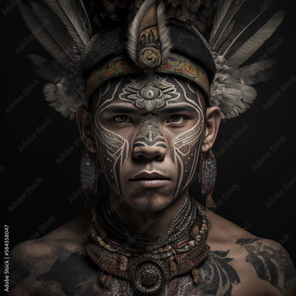 men, staring eyes,, portrait, full face, detailed ornaments, dayak tribe, dayak, borneo, indonesia, indonesian tribe, people, cultural, AI generative