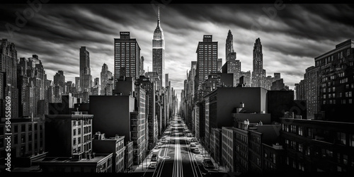 Black and white shot of the urban canyons of New York City - Generative AI