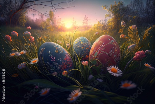 Easter Egg Hunt Hiding Field Forest Sunrise Background Image